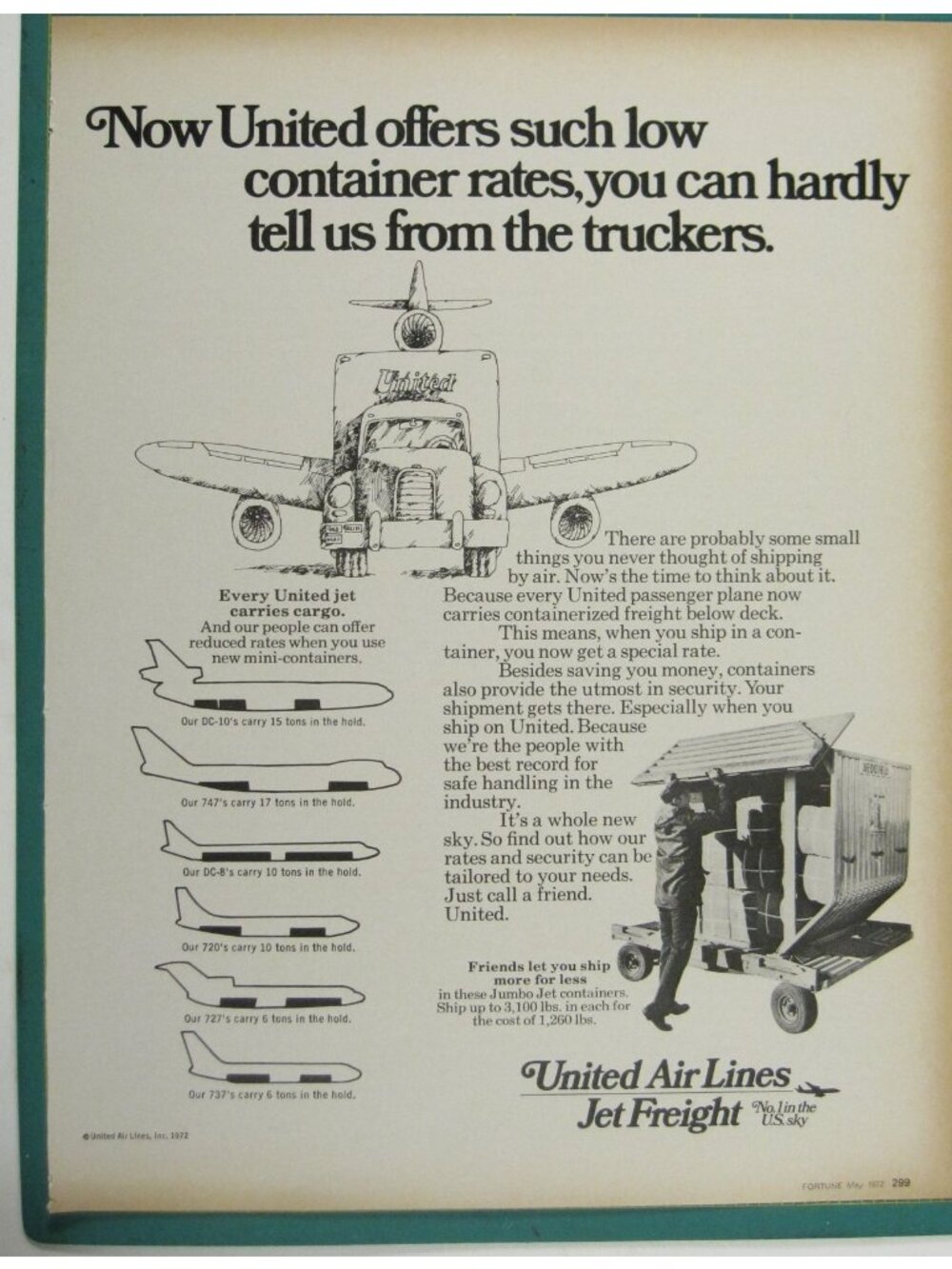 Print Ad United Airlines Jet Freight Low Container Rates Cargo Shipping 1972